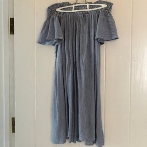 Blue and white striped off the shoulder dress